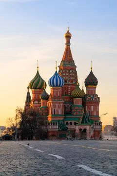 Saint Basil Cathedral at Red Square during sunrise in Moscow at Russia Stock Photos