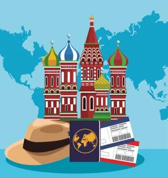 Saint basils cathedral and hat with passport and passboards Stock Illustration