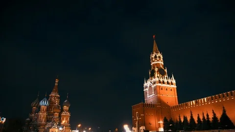 Saint Basil's Cathedral, Kremlin clock, Kremlin wall, panorama, night, no people 스톡 동영상 102896970
