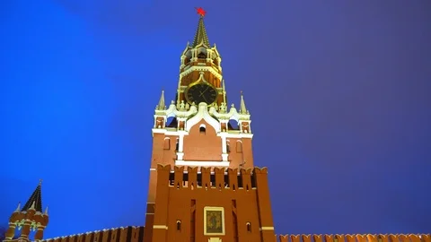 Saint Basil's Cathedral, Kremlin clock, chimes, Kremlin wall, panorama, evening Stock Footage 102901874