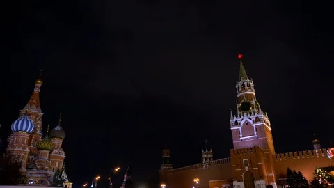 Saint Basil's Cathedral, Kremlin clock, chimes, Kremlin wall, panorama, night Video stock 102904319