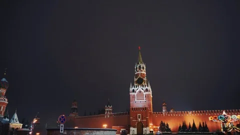 Saint Basil's Cathedral, Kremlin clock, Kremlin wall, panorama, night, no people Stock Footage 103184708