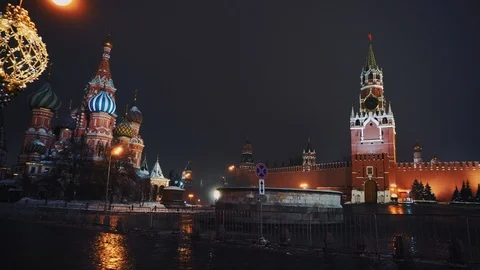 Saint Basil's Cathedral, Kremlin clock, Kremlin wall, panorama, night, no people Stock Footage 103184836