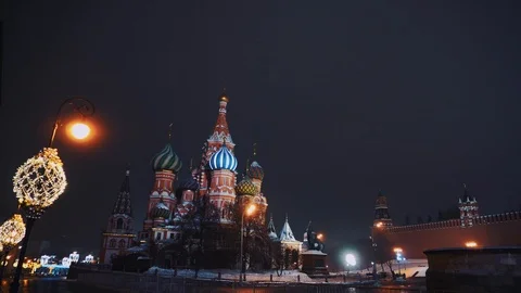 Saint Basil's Cathedral, Kremlin clock, Kremlin wall, panorama, night, no people Stock Footage 103184983
