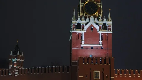 Saint Basil's Cathedral, Kremlin clock, Kremlin wall, panorama, night, no people Stock Footage 103185116