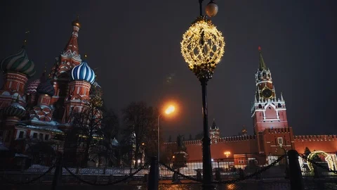 Saint Basil's Cathedral, Kremlin clock, Kremlin wall, panorama, night, no people Stock Footage 103185209