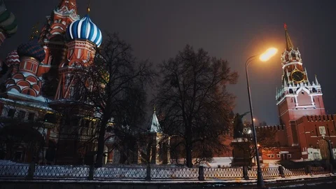 Saint Basil's Cathedral, Kremlin clock, Kremlin wall, panorama, night, no people Stock Footage 103186361