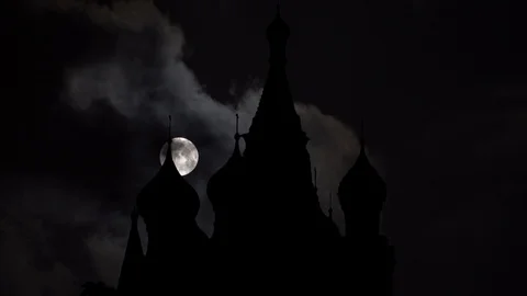 Saint Basil's Cathedral in Red Square in Moscow, Russia, Full Moon Timelapse Stock Footage 106901832