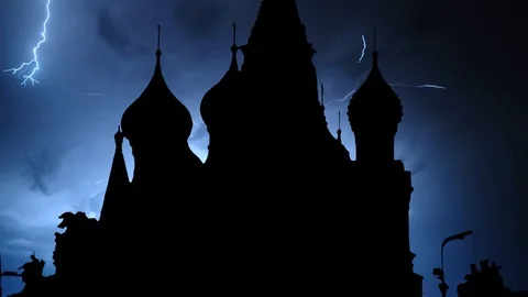 Saint Basil's Cathedral in Red Square in Moscow, Russia, Thunderstorm Timelapse Stock Footage 113109156