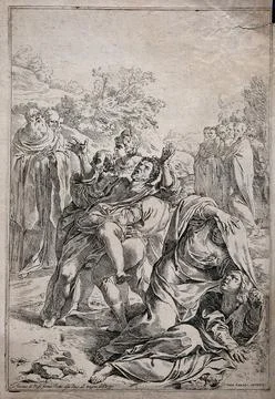 Saint Benedict curing a man possessed by a devil. Etching after L. Carracci. Stock Illustration