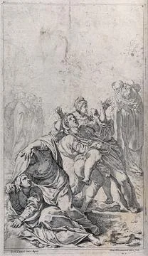 Saint Benedict exorcising through prayer a man possessed by demons. Etching.. Stock Illustration