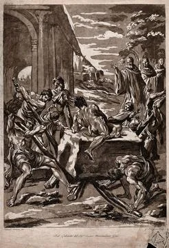 Saint Benedict threatening away the devil who blocks a stone for the buildi.. Illustrazione stock