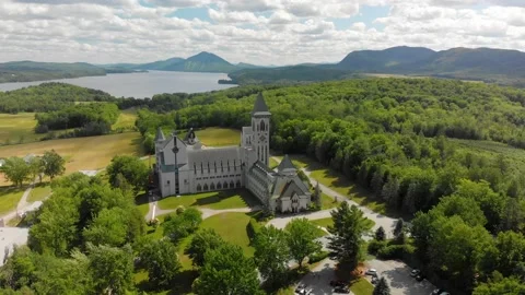 Saint-Benoît-du-Lac, Canada - 06/23/2021: St. Benoit Abbey aerial 02 Stock Footage 158947895