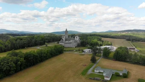 Saint-Benoît-du-Lac, Canada - 06/23/2021: St. Benoit Abbey aerial 01 Stock Footage 158947904