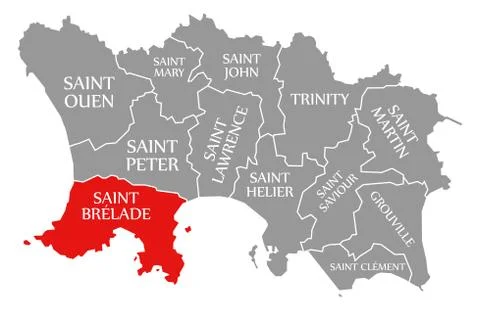 Saint Brelade red highlighted in map of Jersey Stock Illustration