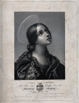 Saint Cecilia. Line engraving V. Biondi after C. Dolci. Stock Illustration