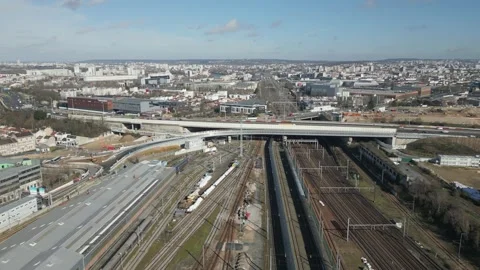 Saint-Denis train station in Paris and bridge with car traffic, France. Stock Footage 247167416