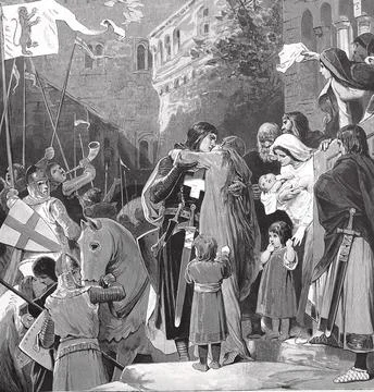 Saint Elisabeth of Thuringia taking leave of her man who is leaving for the Stock Illustration