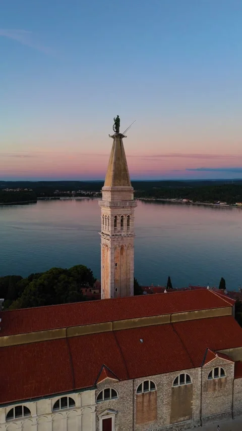 Saint euphemia church aerial view at sunset in rovinj croatia Stock Footage 336472853