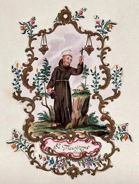 Saint Francis of Assisi, in a rococo frame, holding a Bible and a crucifix... Illustrazione stock