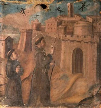 Saint Francis expelling the devils. Oil painting after Giotto. Stock Illustration