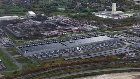 Saint Ghislain Data Center: Aerial View of AI Infrastructure. Stock Footage 321823318