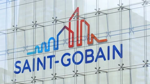 Saint-Gobain logo on the front of the headquarters building in La Defense, Paris Stock Footage 194498957