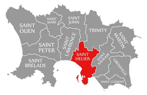 Saint Helier red highlighted in map of Jersey Stock Illustration