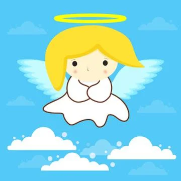 Saint Holy Angel in white dress with halo and yellow hair in clouds on blue s Stock Illustration