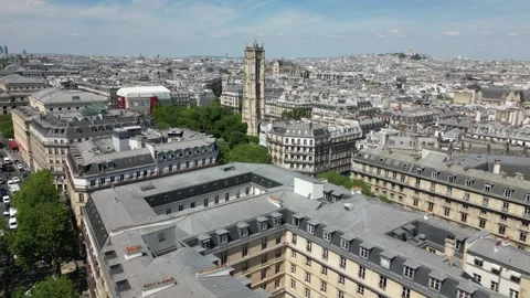 Saint-Jacques Tower and cityscape, Paris in France. Aerial drone panoramic Stock Footage 279467059