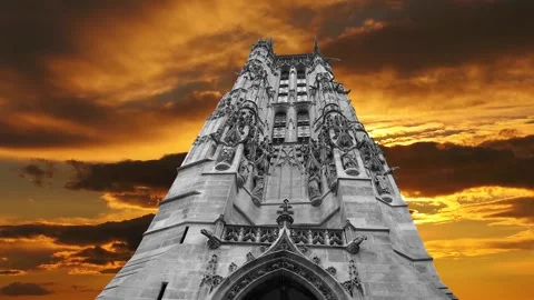 Saint-Jacques Tower (Tour Saint-Jacques) against the sunset. Paris, France Stock Footage 265842996
