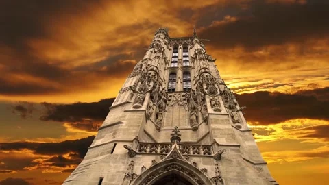 Saint-Jacques Tower (Tour Saint-Jacques) against the sunset. Paris, France Stock Footage 265843002