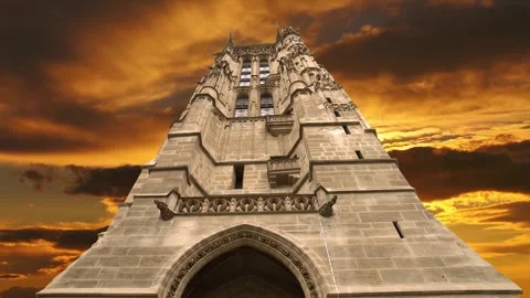 Saint-Jacques Tower (Tour Saint-Jacques) against the sunset. Paris, France Stock Footage 265843029