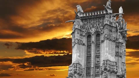 Saint-Jacques Tower (Tour Saint-Jacques) against the sunset. Paris, France Stock Footage 265843055