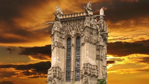 Saint-Jacques Tower (Tour Saint-Jacques) against the sunset. Paris, France Stock Footage 265843058