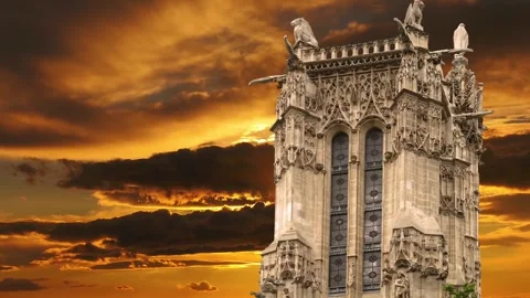 Saint-Jacques Tower (Tour Saint-Jacques) against the sunset. Paris, France Stock Footage 265843072