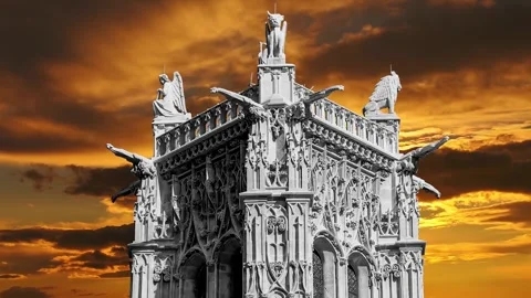 Saint-Jacques Tower (Tour Saint-Jacques) against the sunset. Paris, France Stock Footage 265843076