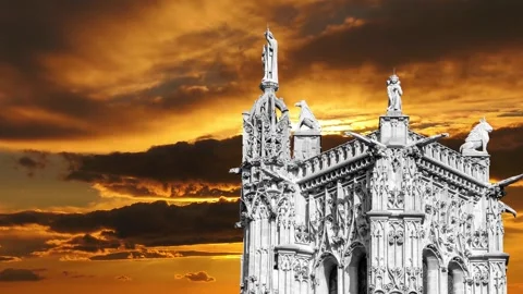 Saint-Jacques Tower (Tour Saint-Jacques) against the sunset. Paris, France Stock Footage 265843126
