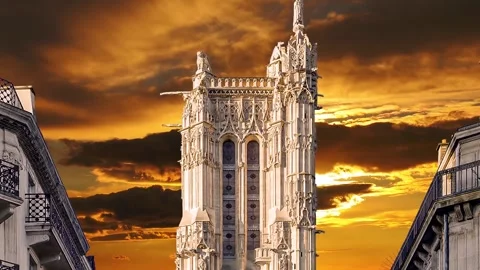 Saint-Jacques Tower (Tour Saint-Jacques) against the sunset. Paris, France Stock Footage 265843161