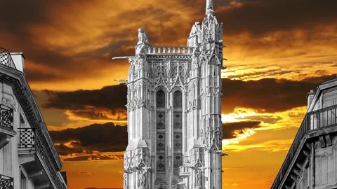 Saint-Jacques Tower (Tour Saint-Jacques) against the sunset. Paris, France Stock Footage 265843162