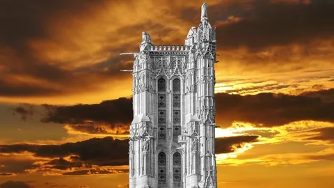 Saint-Jacques Tower (Tour Saint-Jacques) against the sunset. Paris, France Stock Footage 265843174