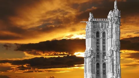Saint-Jacques Tower (Tour Saint-Jacques) against the sunset. Paris, France Stock Footage 265843187