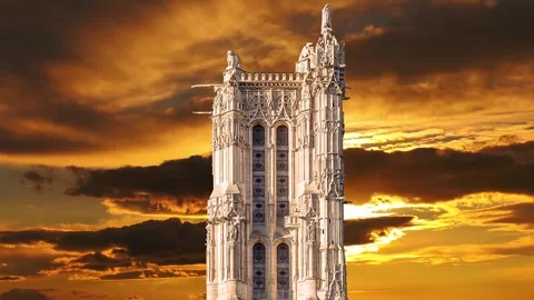 Saint-Jacques Tower (Tour Saint-Jacques) against the sunset. Paris, France Stock Footage 265843190