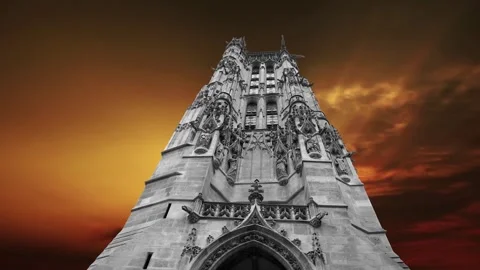 Saint-Jacques Tower (Tour Saint-Jacques) against the sunset. Paris, France Stock Footage 265843198
