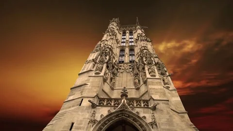 Saint-Jacques Tower (Tour Saint-Jacques) against the sunset. Paris, France Stock Footage 265843206