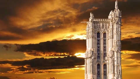 Saint-Jacques Tower (Tour Saint-Jacques) against the sunset. Paris, France Stock Footage 265843208