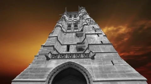 Saint-Jacques Tower (Tour Saint-Jacques) against the sunset. Paris, France Stock Footage 265843229