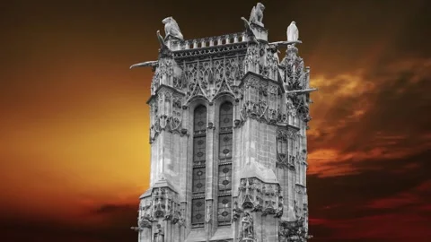 Saint-Jacques Tower (Tour Saint-Jacques) against the sunset. Paris, France Stock Footage 265843234