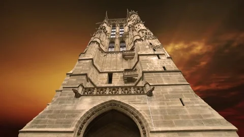 Saint-Jacques Tower (Tour Saint-Jacques) against the sunset. Paris, France Stock Footage 265843235