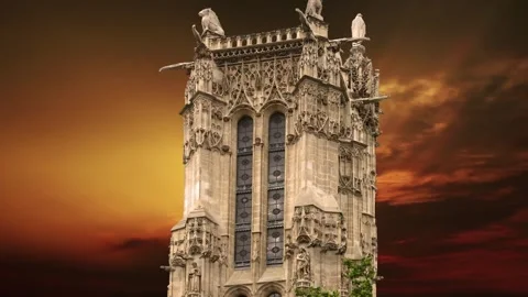 Saint-Jacques Tower (Tour Saint-Jacques) against the sunset. Paris, France Stock Footage 265843238